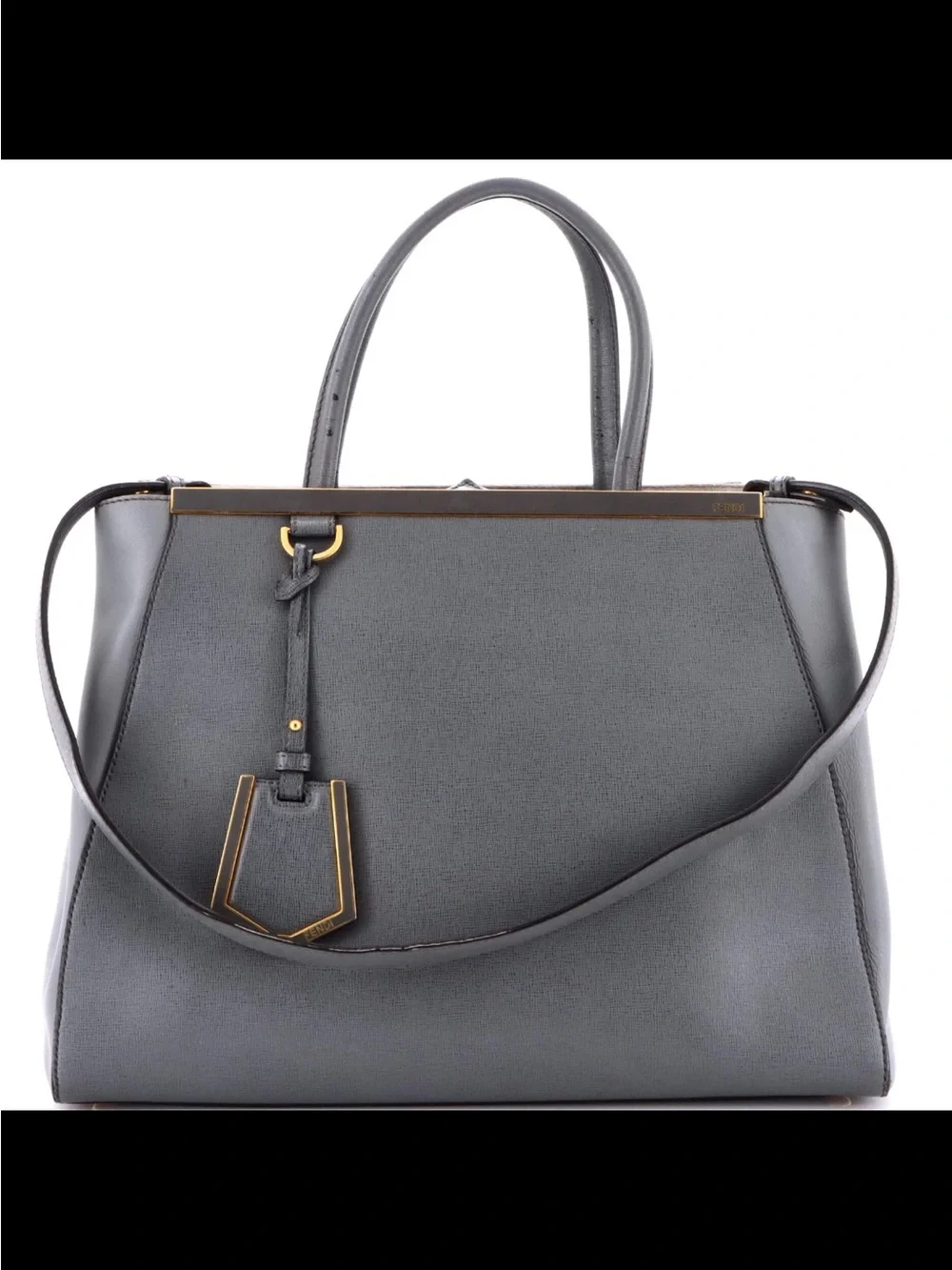 Fendi Vitello 2Jours Medium Structured Gray Leather Satchel Handbag Purse Top